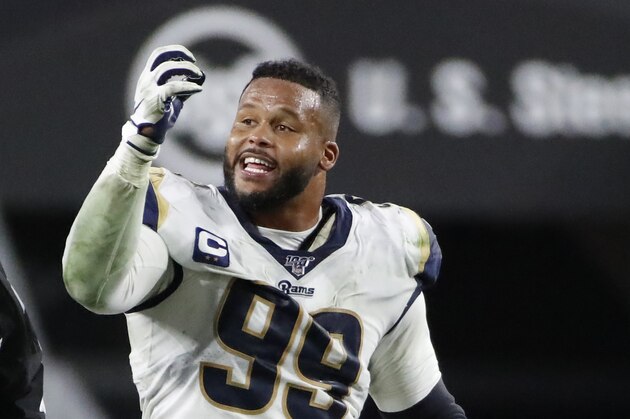 Los Angeles Rams defensive tackle Aaron Donald (99) makes his case to an official during the second half of an NFL football game against the Pittsburgh Steelers in Pittsburgh, Sunday, Nov. 10, 2019. (AP Photo/Don Wright)