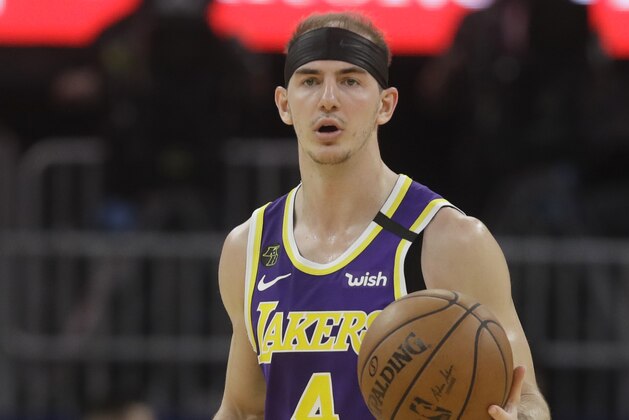 Los Angeles Lakers guard Alex Caruso (4) during an NBA basketball game against the Golden State Warriors in San Francisco, Thursday, Feb. 27, 2020. (AP Photo/Jeff Chiu)