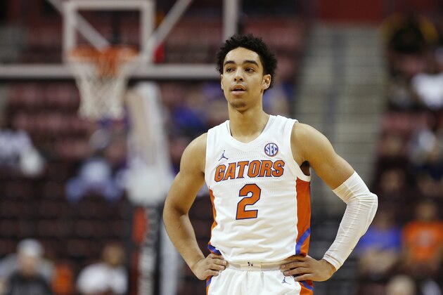 SUNRISE, FLORIDA - DECEMBER 21:  Andrew Nembhard #2 of the Florida Gators looks on against the Utah State Aggies during the first half of the Orange Bowl Basketball Classic at BB&T Center on December 21, 2019 in Sunrise, Florida. (Photo by Michael Reaves/Getty Images)