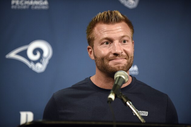 FILE - In this Aug. 29, 2019, file photo, Los Angeles Rams head coach Sean McVay listens to a question after an NFL preseason football game against the Houston Texans, in Houston. The Rams are willing and eager to pay the players who helped Sean McVay to lift this franchise out of 13 years of mediocrity.T \odd Gurley, Aaron Donald and now Jared Goff have all agreed to contract extensions over the past year that set new NFL benchmarks for guaranteed money at their respective positions. (AP Photo/Eric Christian Smith, File)