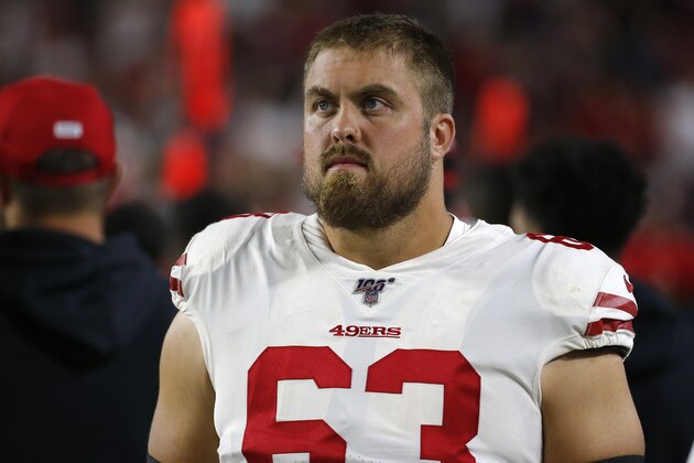 San Francisco 49ers offensive guard Ben Garland (63) during the first half of an NFL football game against the Arizona Cardinals, Thursday, Oct. 31, 2019, in Glendale, Ariz. (AP Photo/Rick Scuteri)