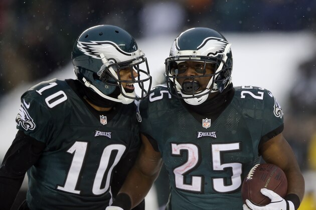 Philadelphia Eagles' LeSean McCoy and DeSean Jackson are seen during an NFL football game against the Detroit Lions on Sunday, Dec. 8, 2013, in Philadelphia. Philadelphia won 34-20. (AP Photo/Michael Perez)