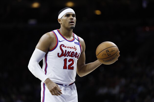 Philadelphia 76ers' Tobias Harris plays during an NBA basketball game against the New York Knicks, Thursday, Feb. 27, 2020, in Philadelphia. (AP Photo/Matt Slocum)