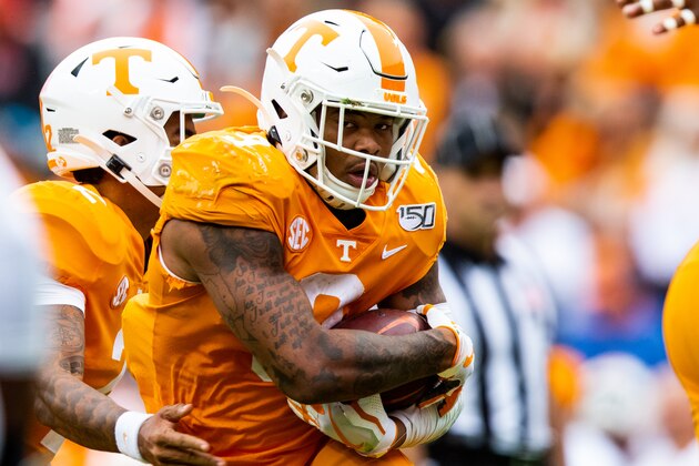 KNOXVILLE, TN - OCTOBER 12: Tim Jordan #9 of the Tennessee Volunteers rushes during a game against the Mississippi State Bulldogs at Neyland Stadium on October 12, 2019 in Knoxville, Tennessee. (Photo by Carmen Mandato/Getty Images)