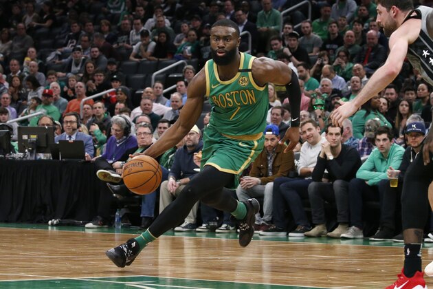 Boston Celtics guard Jaylen Brown (7) drives to the basket against the Brooklyn Nets during the second half of an NBA basketball game, Tuesday, March 3, 2020, in Boston. (AP Photo/Mary Schwalm)
