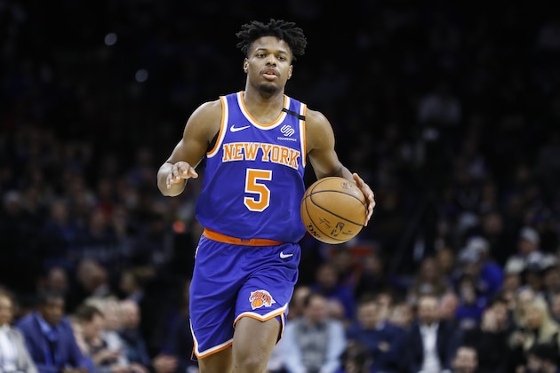 New York Knicks' Dennis Smith Jr. plays during an NBA basketball game against the Philadelphia 76ers, Thursday, Feb. 27, 2020, in Philadelphia. (AP Photo/Matt Slocum)