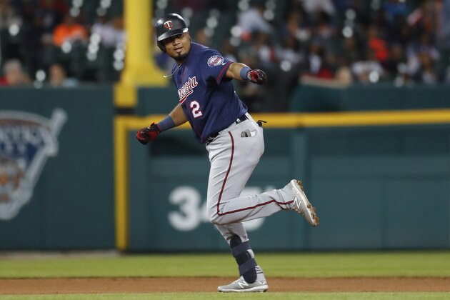 Minnesota Twins' Luis Arraez celebrates his two-run home run in the seventh inning of a baseball game against the Detroit Tigers in Detroit, Wednesday, Sept. 25, 2019. (AP Photo/Paul Sancya)
