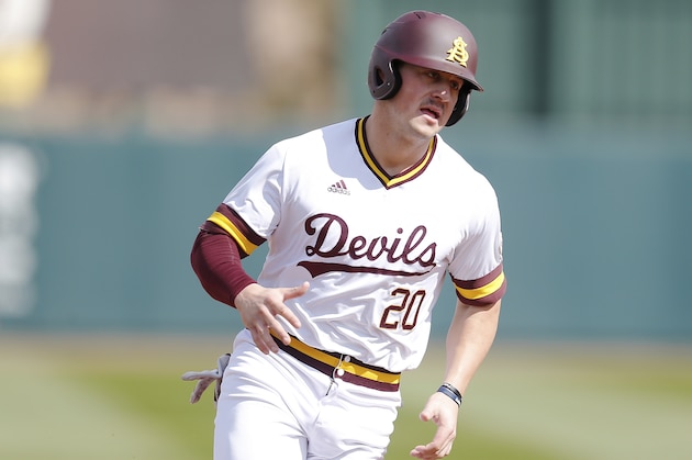 Arizona State first baseman Spencer Torkelson during an NCAA college baseball game against Notre Dame, Sunday, Feb. 17, 2019, in Phoenix. (AP Photo/Rick Scuteri)