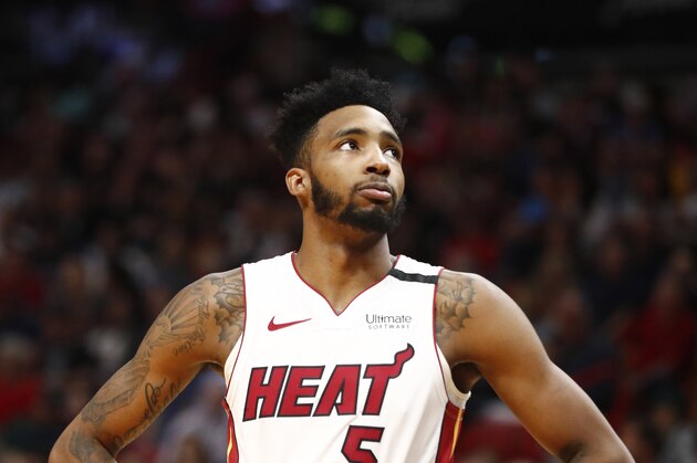 Miami Heat forward Derrick Jones Jr. (5) in the second half of an NBA basketball game against the Wednesday, Jan. 15, 2020, in Miami, Fla. (AP Photo/Brynn Anderson)