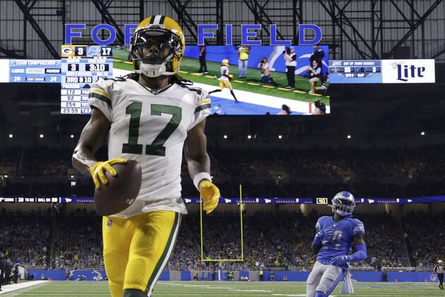 Green Bay Packers wide receiver Davante Adams (17) runs into the end zone after a 20-yard reception for a touchdown during the second half of an NFL football game against the Detroit Lions, Sunday, Dec. 29, 2019, in Detroit. (AP Photo/Rick Osentoski)