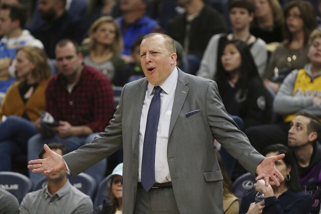 Minnesota Timberwolves' head coach Tom Thibodeau calls out to his team during the second half of an NBA basketball game Sunday, Jan. 6, 2019, in Minneapolis. Minnesota won 108-86. (AP Photo/Stacy Bengs)