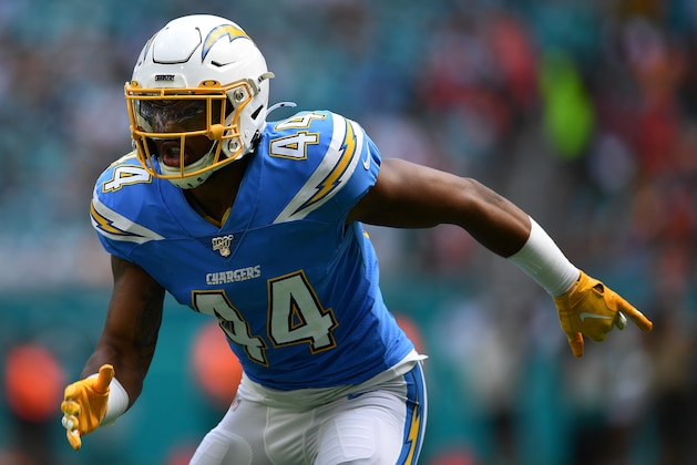 MIAMI, FLORIDA - SEPTEMBER 29: Kyzir White #44 of the Los Angeles Chargers in action in the fourth quarter against the Miami Dolphins at Hard Rock Stadium on September 29, 2019 in Miami, Florida. (Photo by Mark Brown/Getty Images)