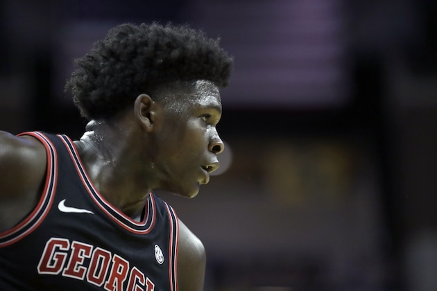 Georgia's Anthony Edwards takes up a position at the edge of the court during the first half of an NCAA college basketball game against Missouri Tuesday, Jan. 28, 2020, in Columbia, Mo. (AP Photo/Jeff Roberson)