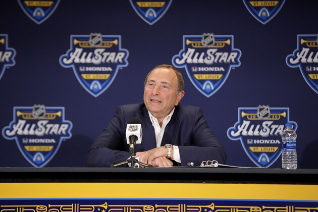 ST LOUIS, MISSOURI - JANUARY 24: Commissioner Gary Bettman speaks to the media prior to the 2020 NHL All-Star Skills Competition at Enterprise Center on January 24, 2020 in St Louis, Missouri. (Photo by Bruce Bennett/Getty Images) ST LOUIS, MISSOURI - JANUARY 24: Commissioner Gary Bettman speaks to the media prior to the 2020 NHL All-Star Skills Competition at Enterprise Center on January 24, 2020 in St Louis, Missouri. (Photo by Bruce Bennett/Getty Images)