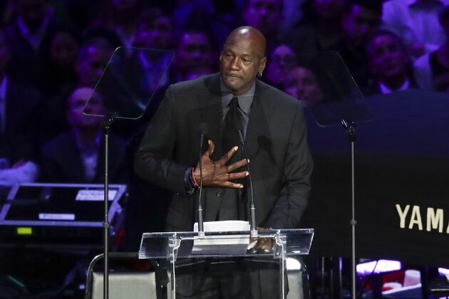 Former NBA player Michael Jordan speaks during a celebration of life for Kobe Bryant and his daughter Gianna Monday, Feb. 24, 2020, in Los Angeles. (AP Photo/Marcio Jose Sanchez)