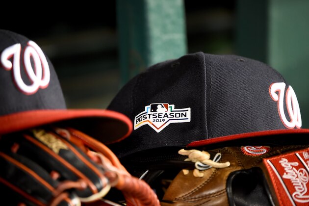 WASHINGTON, DC - OCTOBER 07: A detailed view of a Washington Nationals postseason baseball hat in Game Four of the National League Division Series against the Los Angeles Dodgers at Nationals Park on October 7, 2019 in Washington, DC. (Photo by Will Newton/Getty Images)