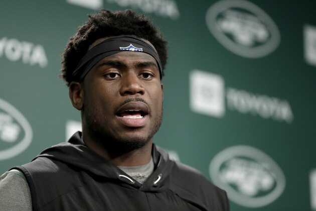 New York Jets wide receiver Quincy Enunwa speaks to reporters at the team's NFL football training facility in Florham Park, N.J., Tuesday, June 4, 2019. (AP Photo/Julio Cortez) New York Jets wide receiver Quincy Enunwa speaks to reporters at the team's NFL football training facility in Florham Park, N.J., Tuesday, June 4, 2019. (AP Photo/Julio Cortez)