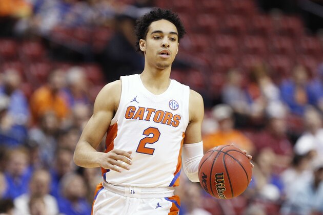 SUNRISE, FLORIDA - DECEMBER 21:  Andrew Nembhard #2 of the Florida Gators in action against the Utah State Aggies during the first half of the Orange Bowl Basketball Classic at BB&T Center on December 21, 2019 in Sunrise, Florida. (Photo by Michael Reaves/Getty Images)