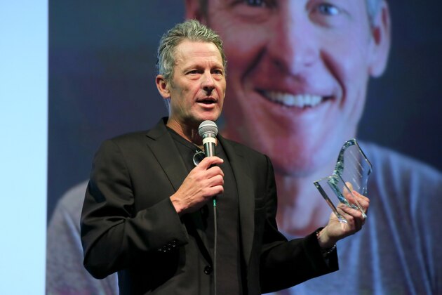 LOS ANGELES, CA - JUNE 07:  Lance Armstrong receives award at Babes for Boobs Live Auction Benefiting Susan G. Koman LA (#BBAUCTION) at El Rey Theatre on June 7, 2018 in Los Angeles, California.  (Photo by Rebecca Sapp/Getty Images for BABES FOR BOOBS)