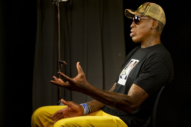 In this Monday, Sept. 9, 2019, photo, former NBA star Dennis Rodman gestures during an interview in Los Angeles. Rodman's spectacular personal highs and very public lows are the subject of the new ESPN