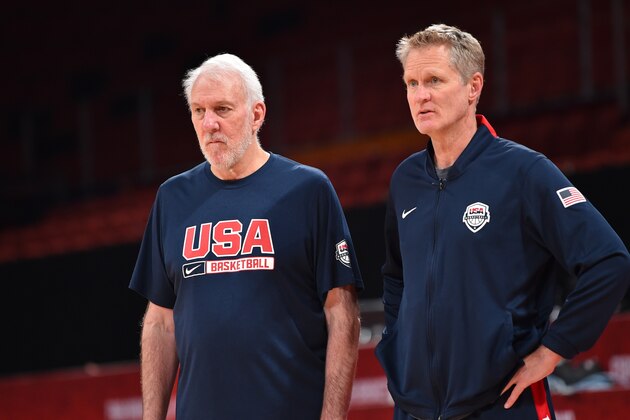 SHENZHEN, CHINA - SEPTEMBER 9: Head Coach Gregg Popovich and Assistant Coach Steve Kerr of the USA Basketball Men's National Team goes over plays during shoot around at the Shenzhen Bay Sports Center on September 9, 2019 in Shenzhen, China. NOTE TO USER: User expressly acknowledges and agrees that, by downloading and/or using this Photograph, user is consenting to the terms and conditions of the Getty Images License Agreement. Mandatory Copyright Notice: Copyright 2019 NBAE (Photo by David Dow/NBAE via Getty Images) SHENZHEN, CHINA - SEPTEMBER 9: Head Coach Gregg Popovich and Assistant Coach Steve Kerr of the USA Basketball Men's National Team goes over plays during shoot around at the Shenzhen Bay Sports Center on September 9, 2019 in Shenzhen, China. NOTE TO USER: User expressly acknowledges and agrees that, by downloading and/or using this Photograph, user is consenting to the terms and conditions of the Getty Images License Agreement. Mandatory Copyright Notice: Copyright 2019 NBAE (Photo by David Dow/NBAE via Getty Images)