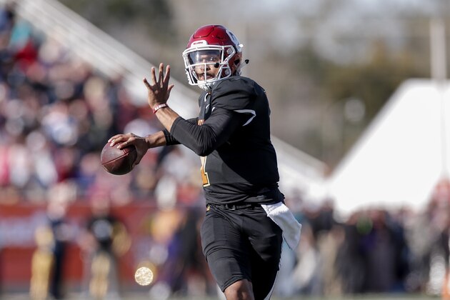 MOBILE, AL - JANUARY 25: Quarterback Jalen Hurts #1 from Oklahoma of the South Team on a pass play during the 2020 Resse's Senior Bowl at Ladd-Peebles Stadium on January 25, 2020 in Mobile, Alabama. The North Team defeated the South Team 34 to 17. (Photo by Don Juan Moore/Getty Images)