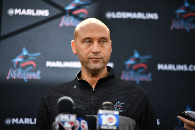 JUPITER, FLORIDA - FEBRUARY 24: Derek Jeter, CEO of the Miami Marlins speaks with the media at the Miami Marlins spring training complex at Roger Dean Chevrolet Stadium on February 24, 2020 in Jupiter, Florida. (Photo by Mark Brown/Getty Images)