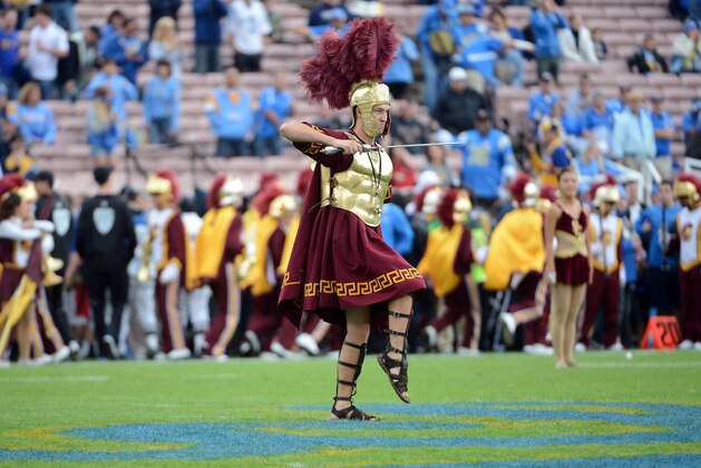 PASADENA, CA - NOVEMBER 17: USC Trojans mascot Tommy Trojan dances at the 50 yard line over the UCLA logo before the game between the USC Trojans and the UCLA Bruins at Rose Bowl on November 17, 2012 in Pasadena, California. (Photo by Harry How/Getty Images) PASADENA, CA - NOVEMBER 17: USC Trojans mascot Tommy Trojan dances at the 50 yard line over the UCLA logo before the game between the USC Trojans and the UCLA Bruins at Rose Bowl on November 17, 2012 in Pasadena, California. (Photo by Harry How/Getty Images)