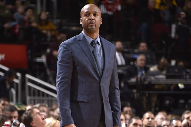 HOUSTON, TX - JANUARY 19: Assistant Coach Brian Shaw of the Los Angeles Lakers looks on during the game against the Houston Rockets on January 19, 2019 at the Toyota Center in Houston, Texas. NOTE TO USER: User expressly acknowledges and agrees that, by downloading and/or using this photograph, user is consenting to the terms and conditions of the Getty Images License Agreement. Mandatory Copyright Notice: Copyright 2019 NBAE (Photo by Bill Baptist/NBAE via Getty Images)