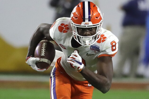 Clemson wide receiver Justyn Ross (8) during the first half of the Fiesta Bowl NCAA college football game against Ohio State, Saturday, Dec. 28, 2019, in Glendale, Ariz. (AP Photo/Rick Scuteri).