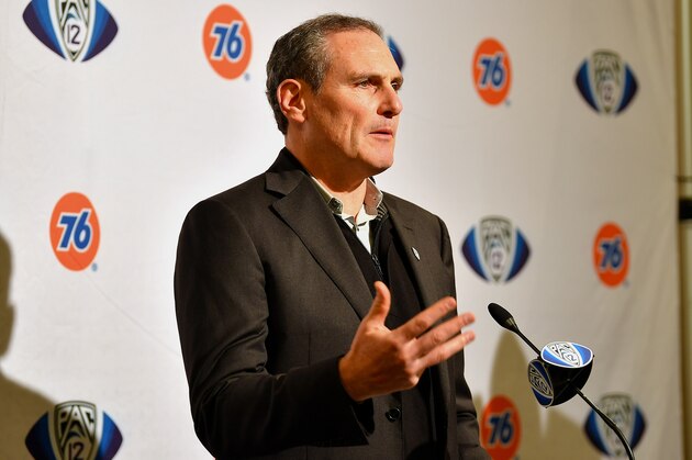 SANTA CLARA, CALIFORNIA - DECEMBER 06: Pac-12 Commissioner Larry Scott at the pre-game press conference before the Pac-12 Championship football game between the Oregon Ducks and the Utah Utes at Levi's Stadium on December 6, 2019 in Santa Clara, California. The Oregon Ducks won 37-15. (Alika Jenner/Getty Images)