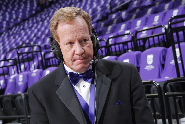 SACRAMENTO, CA - OCTOBER 27: Sacramento Kings broadcaster Grant Napear looks on prior to the game between the San Antonio Spurs and Sacramento Kings on October 27, 2016 at Golden 1 Center in Sacramento, California. NOTE TO USER: User expressly acknowledges and agrees that, by downloading and or using this photograph, User is consenting to the terms and conditions of the Getty Images Agreement. Mandatory Copyright Notice: Copyright 2016 NBAE (Photo by Rocky Widner/NBAE via Getty Images)