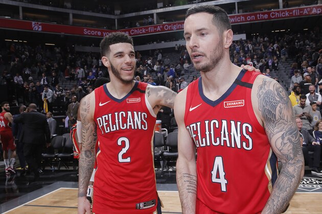 SACRAMENTO, CA - JANUARY 4: Lonzo Ball #2 and JJ Redick #4 of the New Orleans Pelicans celebrate after defeating the Sacramento Kings on January 4, 2020 at Golden 1 Center in Sacramento, California. NOTE TO USER: User expressly acknowledges and agrees that, by downloading and or using this photograph, User is consenting to the terms and conditions of the Getty Images Agreement. Mandatory Copyright Notice: Copyright 2020 NBAE (Photo by Rocky Widner/NBAE via Getty Images)