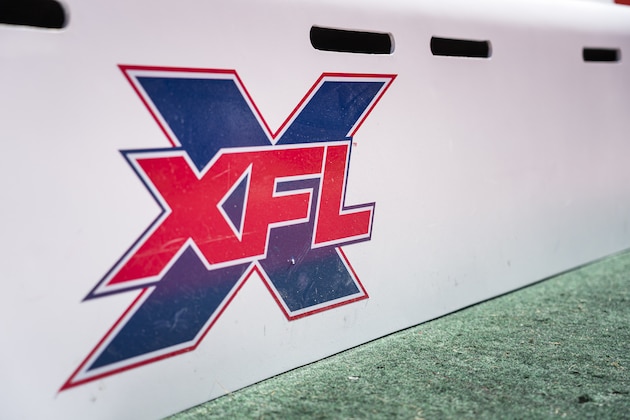 WASHINGTON, DC - MARCH 08: A view of the XFL logo on the sidelines before the XFL game between the DC Defenders and the St. Louis Battlehawks at Audi Field on March 8, 2020 in Washington, DC. (Photo by Scott Taetsch/Getty Images)