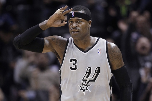 San Antonio Spurs' Stephen Jackson signals after he made a 3-point score against the Minnesota Timberwolves during the fourth quarter of an NBA basketball game, Sunday, Jan. 13, 2013, in San Antonio. San Antonio won 106-88. (AP Photo/Eric Gay)