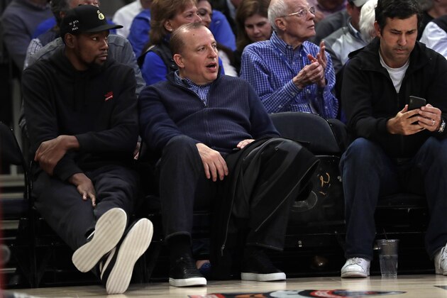 Brooklyn Nets Kevin Durant, left, talks with Tom Thibodeau during the second half of an NCAA college basketball game between Duke and Kansas on Tuesday, Nov. 5, 2019, in New York. (AP Photo/Adam Hunger) Brooklyn Nets Kevin Durant, left, talks with Tom Thibodeau during the second half of an NCAA college basketball game between Duke and Kansas on Tuesday, Nov. 5, 2019, in New York. (AP Photo/Adam Hunger)