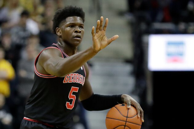 Georgia's Anthony Edwards dribbles during the first half of an NCAA college basketball game against Missouri Tuesday, Jan. 28, 2020, in Columbia, Mo. (AP Photo/Jeff Roberson)