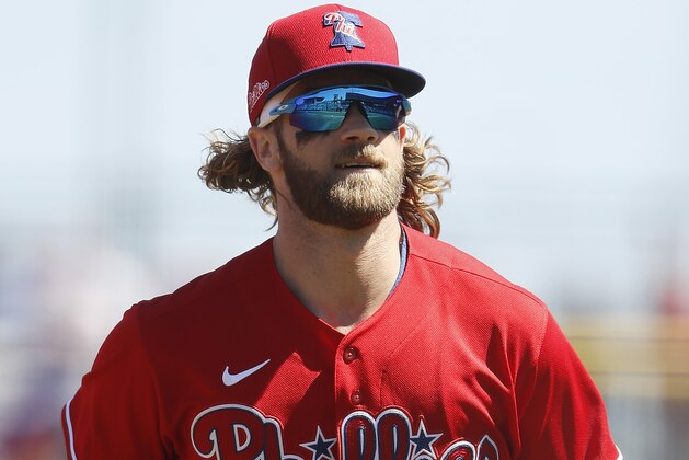 CLEARWATER, FLORIDA - MARCH 07:  Bryce Harper #3 of the Philadelphia Phillies runs back to the dugout against the Boston Red Sox of a Grapefruit League spring training game on March 07, 2020 in Clearwater, Florida. (Photo by Michael Reaves/Getty Images)