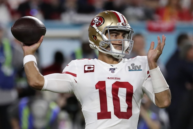 San Francisco 49ers quarterback Jimmy Garoppolo passes against the Kansas City Chiefs during the first half of the NFL Super Bowl 54 football game Sunday, Feb. 2, 2020, in Miami Gardens, Fla. (AP Photo/Matt York) San Francisco 49ers quarterback Jimmy Garoppolo passes against the Kansas City Chiefs during the first half of the NFL Super Bowl 54 football game Sunday, Feb. 2, 2020, in Miami Gardens, Fla. (AP Photo/Matt York)