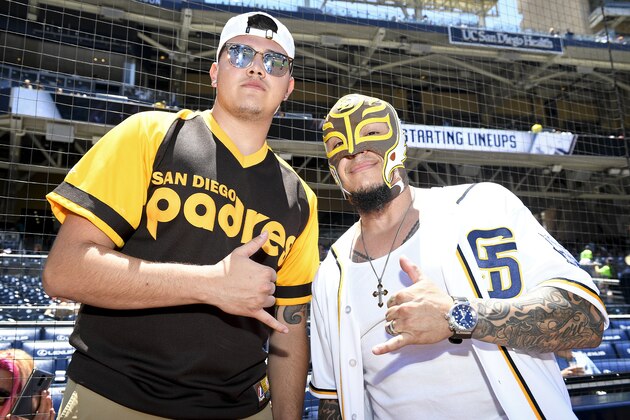 SAN DIEGO, CA - JUNE 19: Professional wrestler Rey Mysterio and son Dominik Gutierrez pose for a photo prior to the game between the San Diego Padres and the Washington Nationals  at PETCO Park on June 19, 2016 in San Diego, California. (Photo by Andy Hayt/SanDiego Padres/Getty Images) ***(Photo by Andy Hayt/SanDiego Padres/Getty Images)