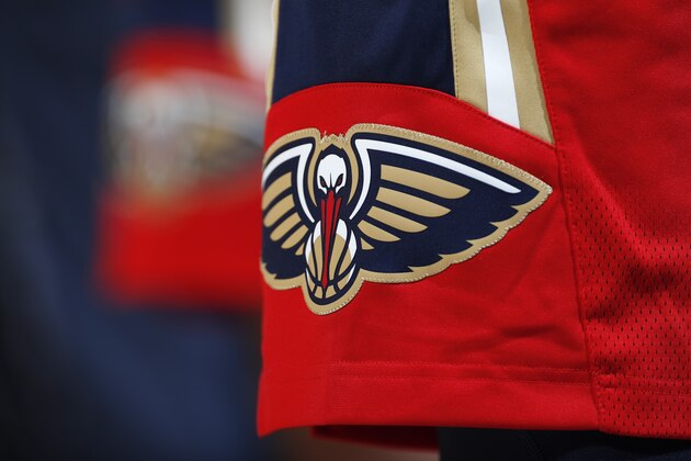 New Orleans Pelicans logo in the second half of an NBA basketball game Monday, Oct. 29, 2018, in Denver. The Nuggets won 116-111. (AP Photo/David Zalubowski) New Orleans Pelicans logo in the second half of an NBA basketball game Monday, Oct. 29, 2018, in Denver. The Nuggets won 116-111. (AP Photo/David Zalubowski)