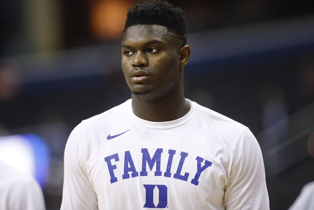 Duke forward Zion Williamson on the court warming up before the start of a NCAA men's East Regional final college basketball game against Michigan State in Washington, Sunday, March 31, 2019. (AP Photo/Patrick Semansky)