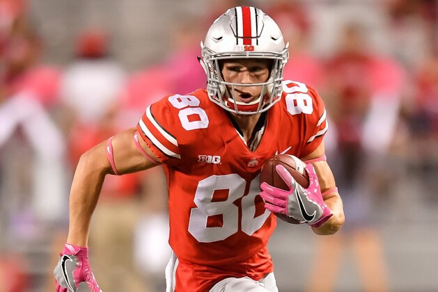 COLUMBUS, OH - OCTOBER 7:  C.J. Saunders #80 of the Ohio State Buckeyes runs with the ball against the Maryland Terrapins at Ohio Stadium on October 7, 2017 in Columbus, Ohio.  (Photo by Jamie Sabau/Getty Images)