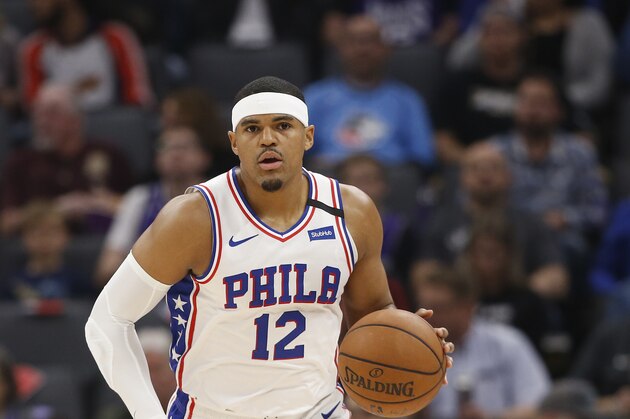 Philadelphia 76ers forward Tobias Harris dribbles down court during the first quarter of an NBA basketball game against the Sacramento Kings in Sacramento, Calif., Thursday, March 5, 2020. The 76ers won 125-108. (AP Photo/Rich Pedroncelli)