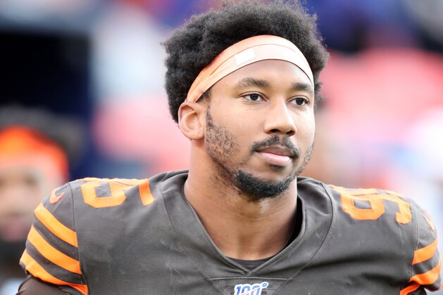 DENVER, CO - NOVEMBER 03:  Myles Garrett #95 of the Cleveland Browns looks on during the game against the Denver Broncos at Empower Field at Mile High on November 3, 2019 in Denver, Colorado.  The Broncos defeated the Browns 24-19.  (Photo by Rob Leiter/Getty Images)