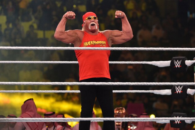Wrestling legend Hulk Hogan greets the crowd during the World Wrestling Entertainment (WWE) Crown Jewel pay-per-view at the King Saud University Stadium in Riyadh on November 2, 2018. (Photo by Fayez Nureldine / AFP)        (Photo credit should read FAYEZ NURELDINE/AFP via Getty Images)