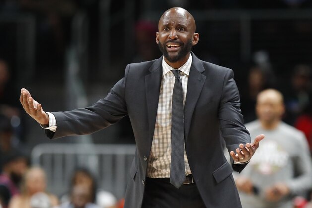 ATLANTA, GA - MARCH 09: Lloyd Pierce of the Atlanta Hawks reacts during the second half of an NBA game against the Charlotte Hornets at State Farm Arena on March 9, 2020 in Atlanta, Georgia. NOTE TO USER: User expressly acknowledges and agrees that, by downloading and/or using this photograph, user is consenting to the terms and conditions of the Getty Images License Agreement. (Photo by Todd Kirkland/Getty Images)