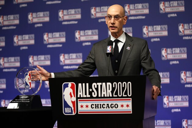 CHICAGO, IL - FEBRUARY 15:  NBA Commissioner Adam Silver announces NBA All-Star Game MVP Trophy will honor Kobe Bryant during NBA All-Star Saturday Night Presented by State Farm as part of 2020 NBA All-Star Weekend on February 15, 2020 at United Center in Chicago, Illinois. NOTE TO USER: User expressly acknowledges and agrees that, by downloading and/or using this Photograph, user is consenting to the terms and conditions of the Getty Images License Agreement. Mandatory Copyright Notice: Copyright 2020 NBAE (Photo by Jeff Haynes/NBAE via Getty Images)