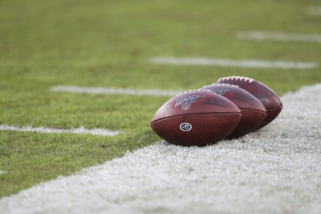 LOS ANGELES, CALIFORNIA - NOVEMBER 17: Footballs line the field during warm ups ahead of the game between the Los Angeles Rams and the Chicago Bears at Los Angeles Memorial Coliseum on November 17, 2019 in Los Angeles, California. (Photo by Meg Oliphant/Getty Images)