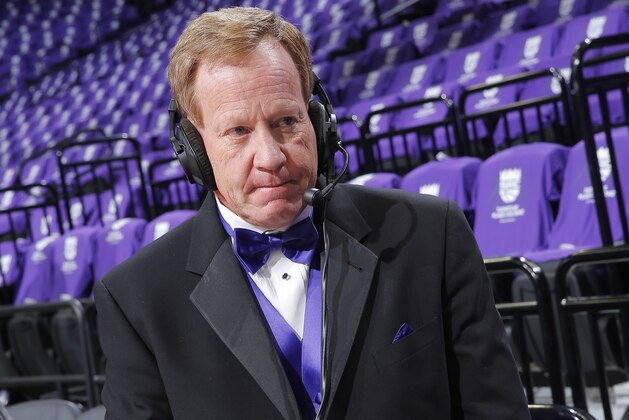 SACRAMENTO, CA - OCTOBER 27: Sacramento Kings broadcaster Grant Napear looks on prior to the game between the San Antonio Spurs and Sacramento Kings on October 27, 2016 at Golden 1 Center in Sacramento, California. NOTE TO USER: User expressly acknowledges and agrees that, by downloading and or using this photograph, User is consenting to the terms and conditions of the Getty Images Agreement. Mandatory Copyright Notice: Copyright 2016 NBAE (Photo by Rocky Widner/NBAE via Getty Images)